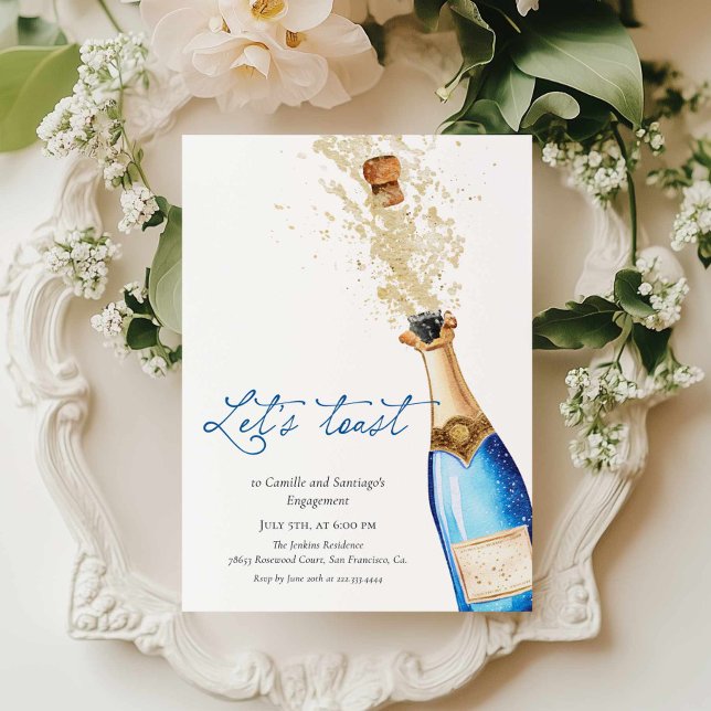 Invitación Blue Let's Toast Couples Engagement Party (Blue Let's Toast Engagement party invitation)