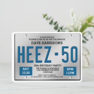 Invitación Blue License Plate 50th Birthday Party Invitation
