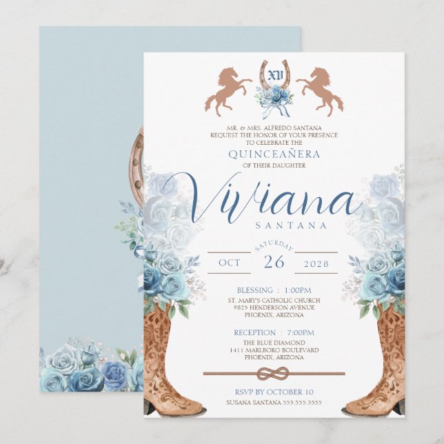 Invitación Blue Light Western Charra Quinceanera (Anverso / Reverso)