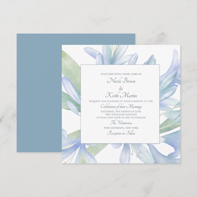 Invitación Blue Lilies Watercolor Boda Square (Anverso / Reverso)