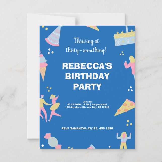 Invitación Blue lindo y peculiar fiesta de cumpleaños de pizz (Anverso)