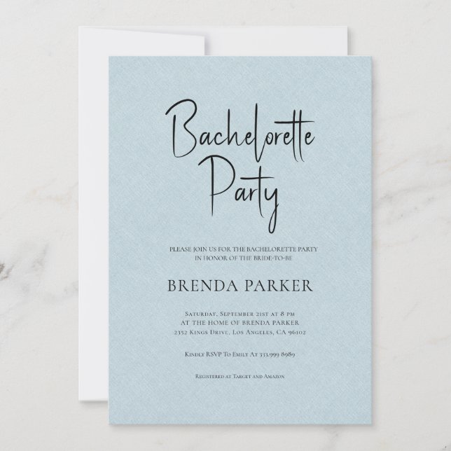 Invitación Blue Linen Simple Black Script Bachelorette Party (Anverso)