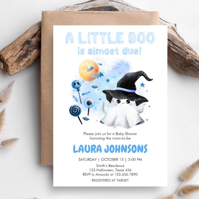 Invitación Blue Little Boo Ghost WWitch Baby Shower (Little Boo Baby Shower Invitation)