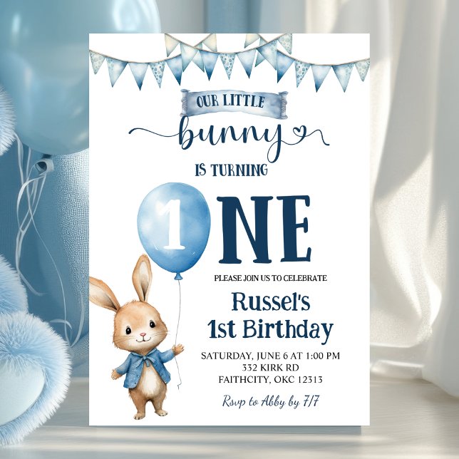 Invitación Blue Little Bunny First Birthday Invitation (Subido por el creador)