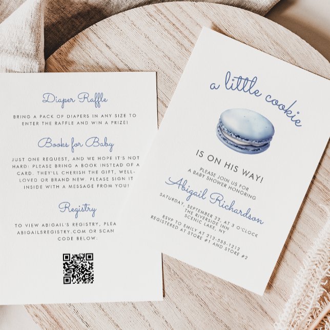 Invitación Blue Little Cookie Macaron QR Code Boy Baby Shower (Subido por el creador)
