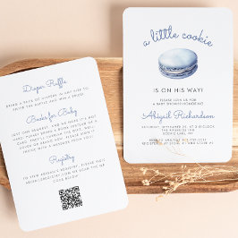 Invitación Blue Little Cookie Macaron QR Code Boy Baby Shower