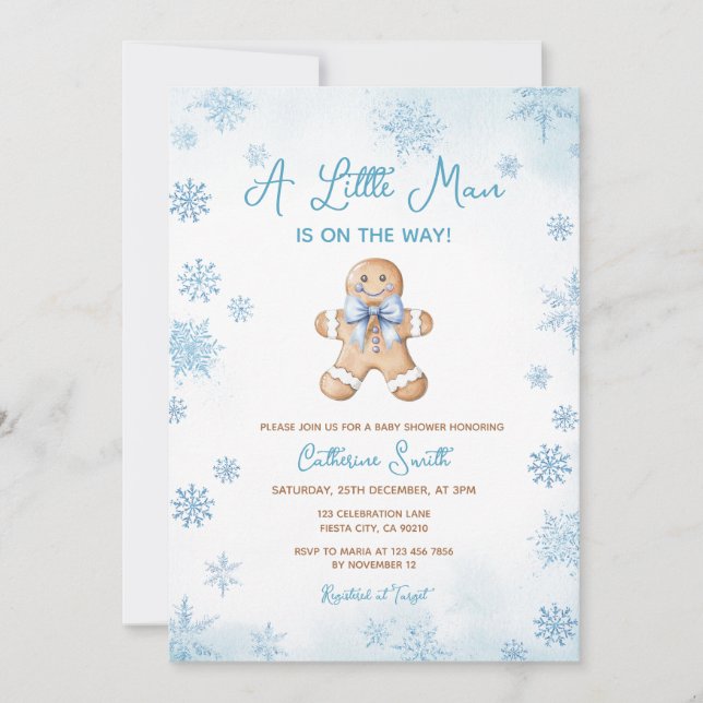 Invitación Blue Little Man Snowflakes Gingerbread Baby Shower (Anverso)