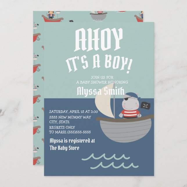 Invitación Blue Little Pirate Baby Boy Baby Shower (Anverso / Reverso)