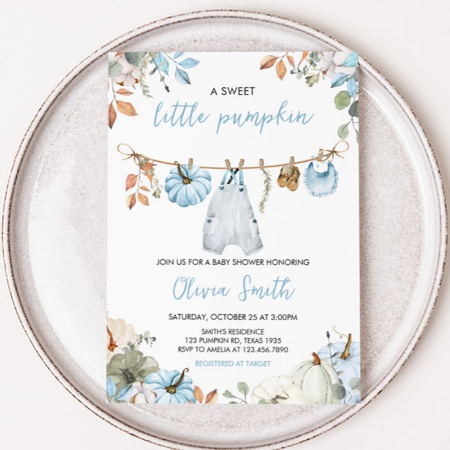 Invitación Blue Little Pumpkin Fall Otoño Baby Shower (Blue Little Pumpkin Fall Clothesline Baby Shower Invitation)