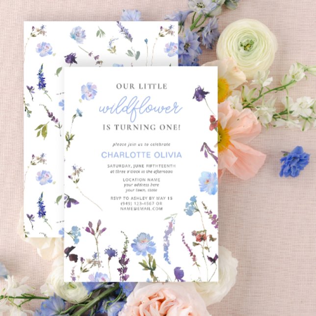 Invitación Blue Little Wildflower Watercolor Primer cumpleaño (1st Birthday Invitation)