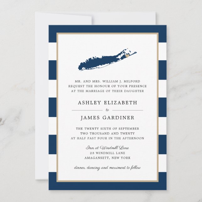 Invitación Blue Long Island Map East Hampton Heart Boda (Anverso)