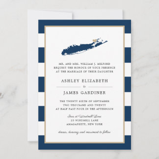 Invitación Blue Long Island Map North Fork Gold Heart Boda