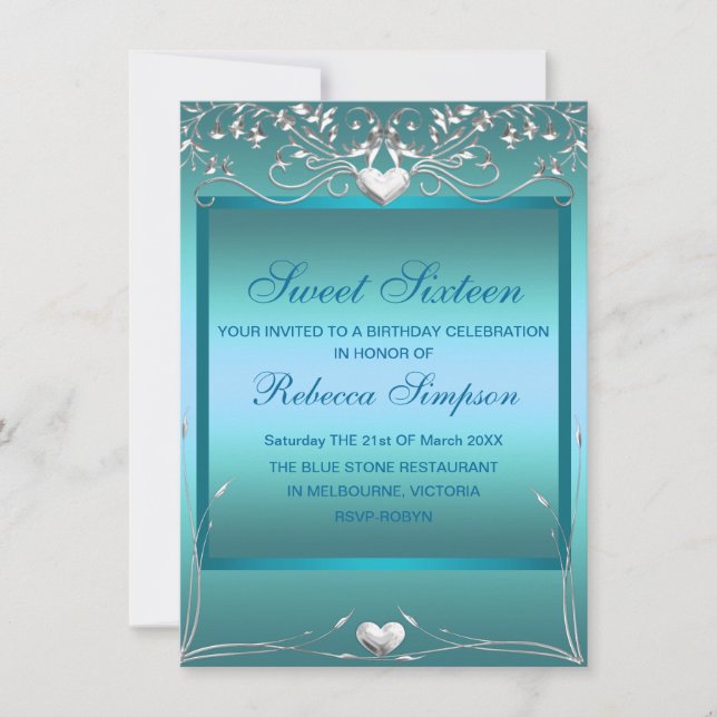 Invitación Blue Love Heart Sweet 16 Birthday Invite (Anverso)