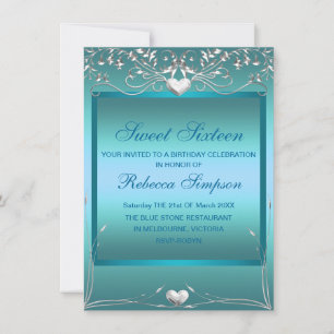 Invitación Blue Love Heart Sweet 16 Birthday Invite