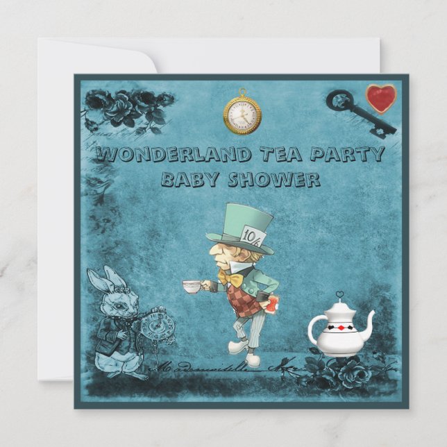 Invitación Blue Mad Hatter Wonderland Tea Fiesta Baby Shower (Anverso)