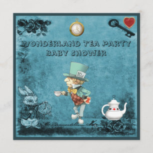 Invitación Blue Mad Hatter Wonderland Tea Fiesta Baby Shower