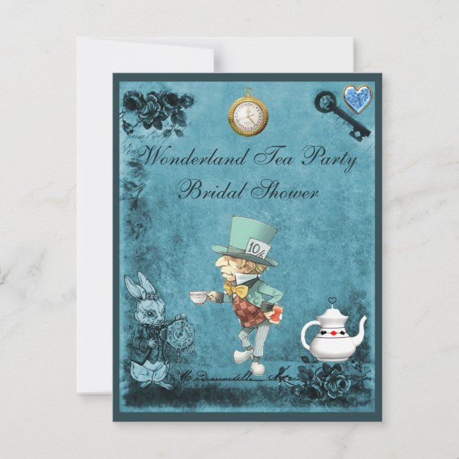Invitación Blue Mad Hatter Wonderland Tea Fiesta Bridal (Anverso)