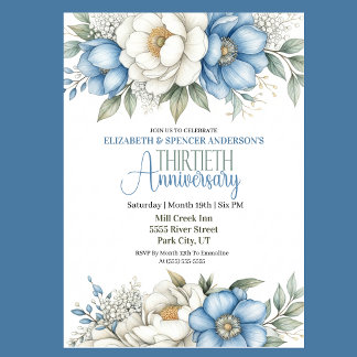 Invitación Blue Magnolia and Peony 30th Wedding Anniversary