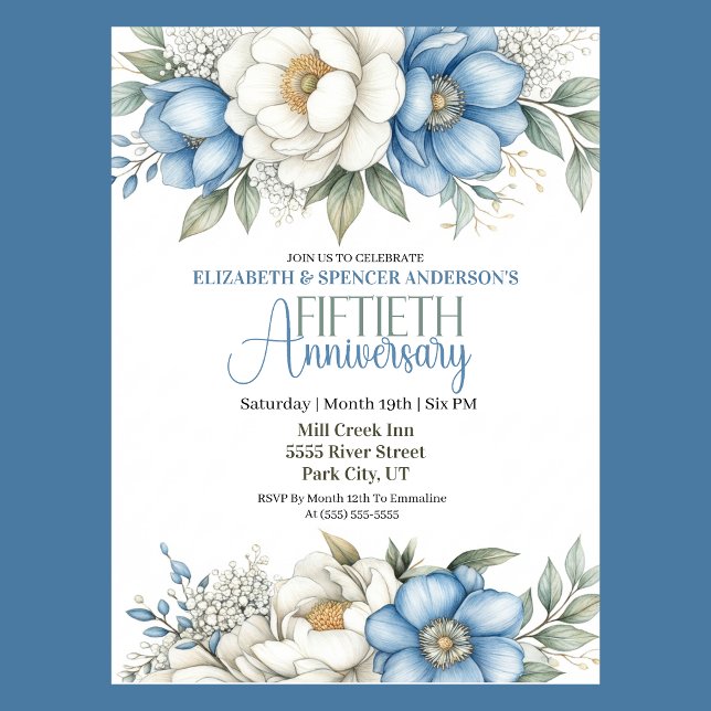 Invitación Blue Magnolia and Peony 50th Wedding Anniversary (Blue and white magnolia and peony floral 50th wedding anniversary invitation )
