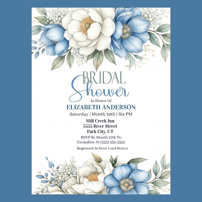 Invitación Blue Magnolia and Peony Flower Bridal Shower (Blue and white magnolia and peony floral Bridal Shower invitation )