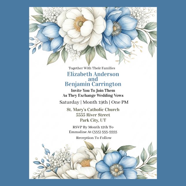 Invitación Blue Magnolia and Peony Flower Wedding (Blue and white magnolia and peony floral wedding invitation with elegant botanical design
)
