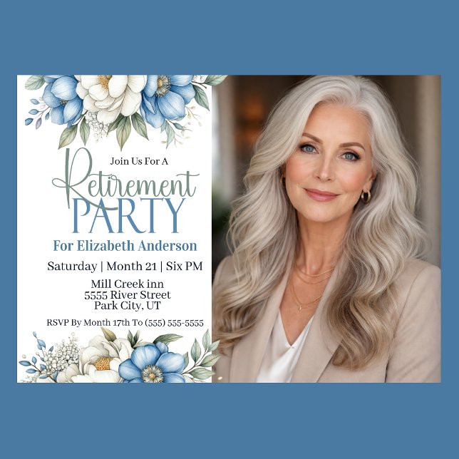 Invitación Blue Magnolia and Peony Retirement Party (Blue and white magnolia and peony floral retirement party invitation with elegant botanical design
)