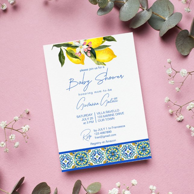 Invitación Blue Majolica Tiles Lemons Espectáculo de Bebés Me (Blue tiles and lemons Baby Shower Invitation Front)