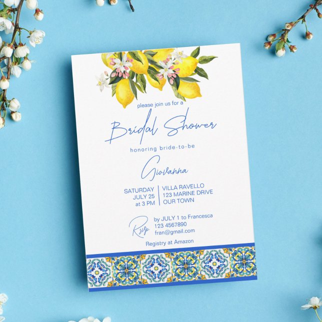 Invitación Blue Majolica Tiles Lemons Mediterráneo (Subido por el creador)