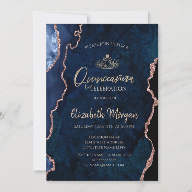 Invitación Blue Marble Agate Rosa Gold Tiara Quinceañera (Anverso)