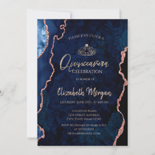 Invitación Blue Marble Agate Rosa Gold Tiara Quinceañera