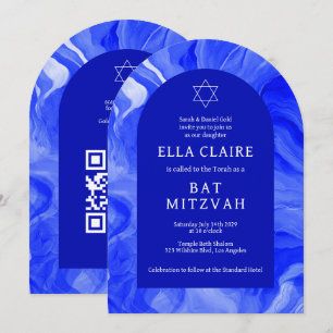 Invitación Blue Marble Swirls Star QR Bar Bat Mitzvah Arch
