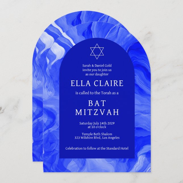 Invitación Blue Marble Swirls Star QR Bar Bat Mitzvah Arch (Anverso / Reverso)