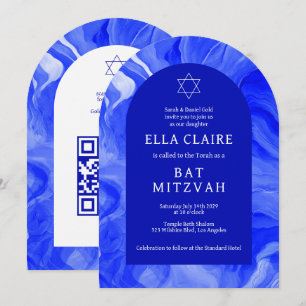 Invitación Blue Marble Swirls Star QR Bar Bat Mitzvah Arch