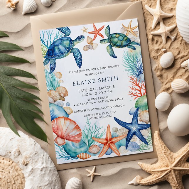 Invitación Blue Marine Seashells Ocean Sea Beach Baby Shower (Blue Marine Seashells Ocean Sea Beach Baby Shower Invitation)