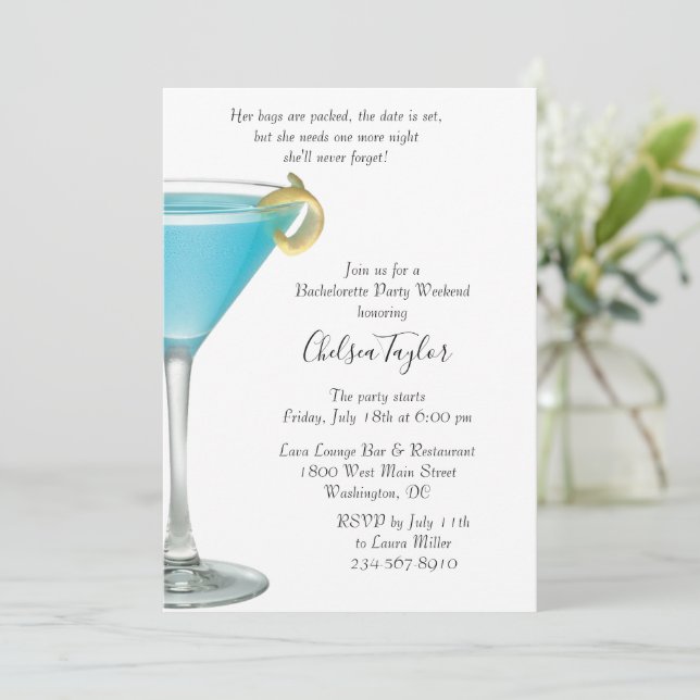 Invitación Blue Martini Cocktail Hour Bachelorette Party (Anverso de pie)