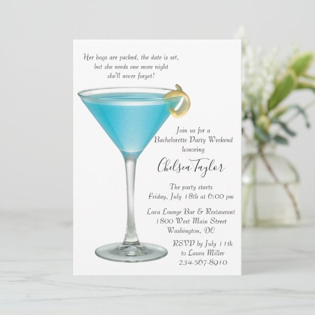 Invitación Blue Martini Cocktail Hour Bachelorette Party (Anverso de pie)