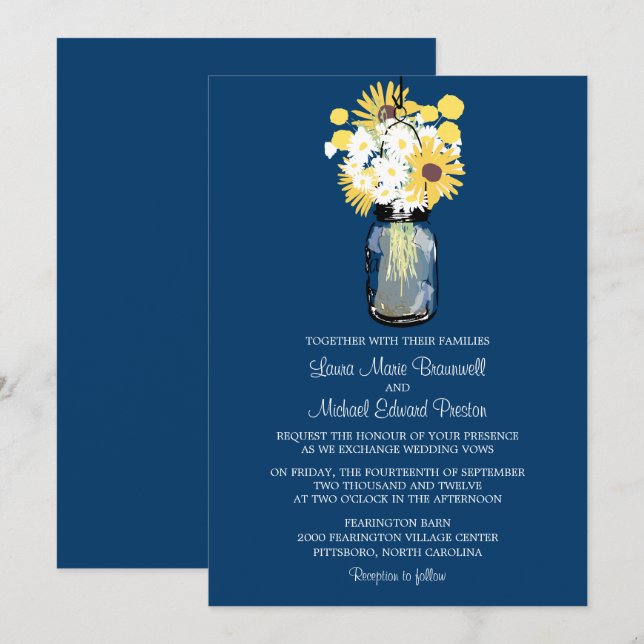 Invitación Blue Mason Jar Daisies Boda de los girasoles amari (Anverso / Reverso)