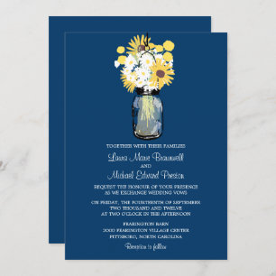 Invitación Blue Mason Jar Daisies Boda de los girasoles amari