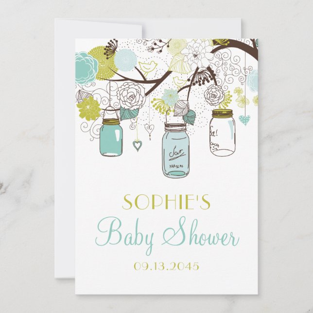 Invitación Blue Mason Jars and Spring Flowers Baby Shower (Anverso)