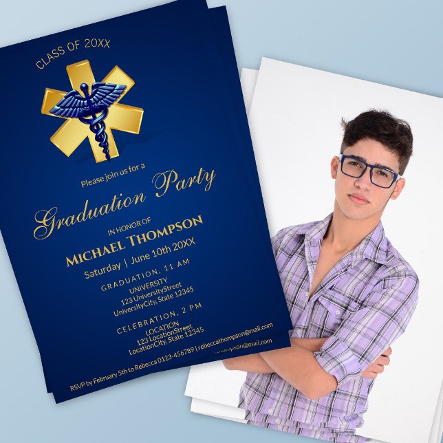 Invitación Blue Medical Caduceus Gold Cross Graduation Photo (Subido por el creador)
