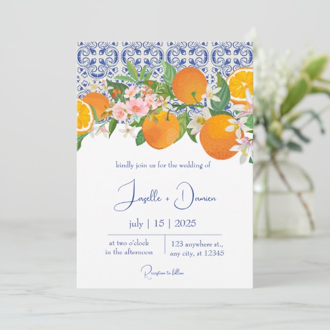 Invitación Blue Mediterranean Italiano Tile & Naranja Boda (Anverso de pie)