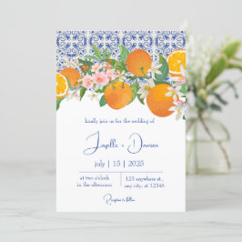 Invitación Blue Mediterranean Italiano Tile & Naranja Boda