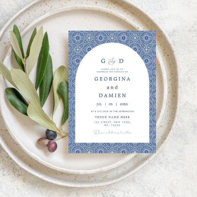 Invitación Blue Mediterranean Tile & Arch Elegant Wedding (Subido por el creador)