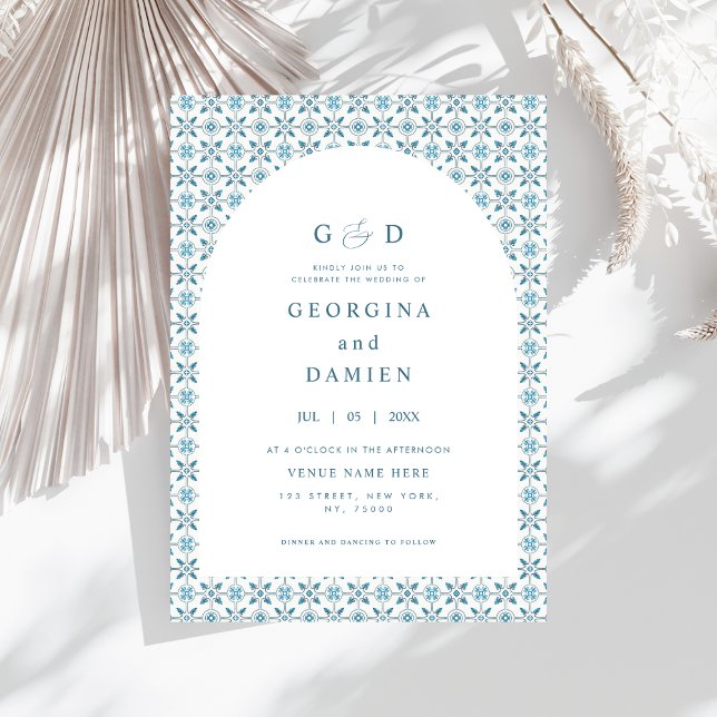 Invitación Blue Mediterranean Tile Arch Photo Elegant Wedding (Subido por el creador)