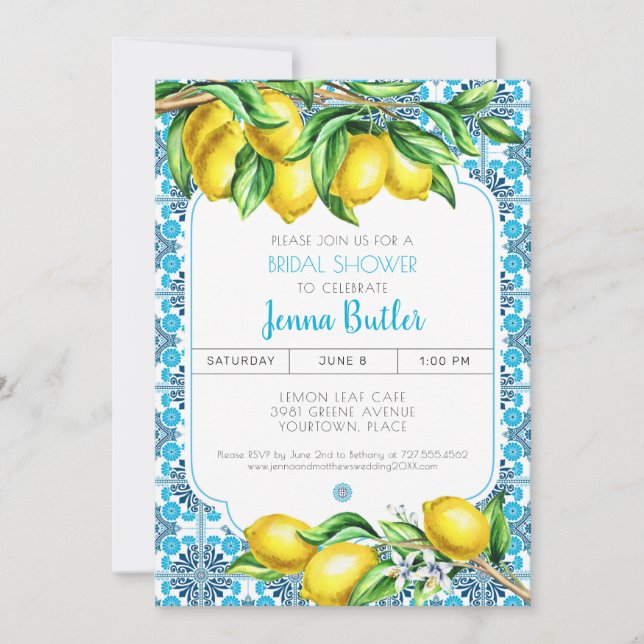 Invitación Blue Mediterranean Tile Lemon Bridal Shower (Anverso)