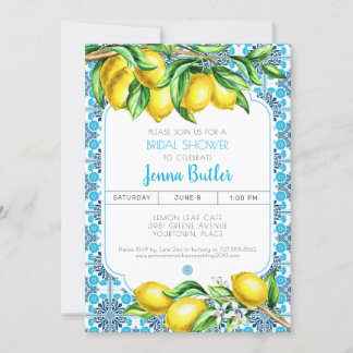 Invitación Blue Mediterranean Tile Lemon Bridal Shower