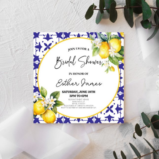 Invitación Blue Mediterranean Tile Lemon Floral Bridal Shower (Subido por el creador)