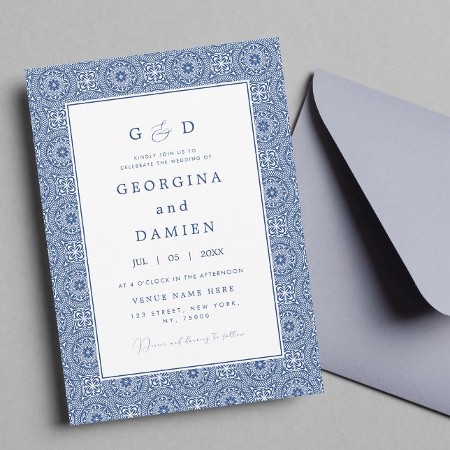 Invitación Blue Mediterranean Tile & Photo Elegant Wedding (Subido por el creador)