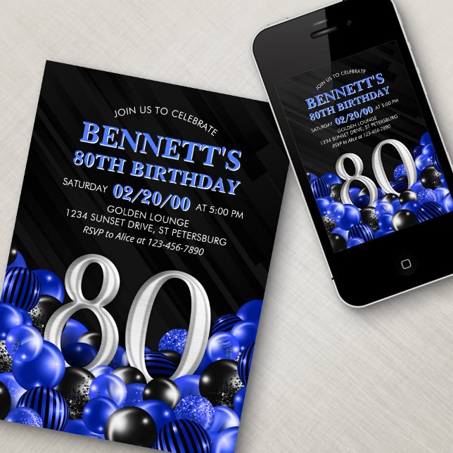 Invitación Blue Mens 80th Birthday (Subido por el creador)