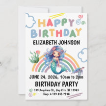 Blue Mermaid Birthday Invitation in White
